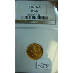 1853 $2.50 Liberty Gold Coin NGC MS 61
