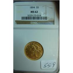 1894 $5.00 Liberty Gold Coin NGC MS 62