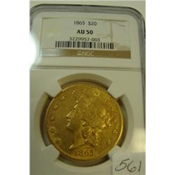 1865 $20.00 Liberty Gold Coin NGC AU50