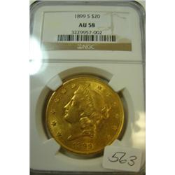 1899 $20.00 Liberty Gold Coin NGC AU 58
