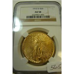1910-D $20.00 St. Gaudens Gold Coin NGC AU 58