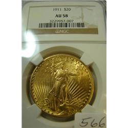 1911 $20.00 St. Gaudens Gold Coin NGC AU 58
