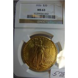 1926 $20.00 Saint Gaudens Gold Coin NGC MS 63