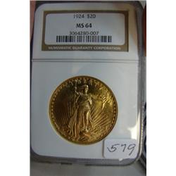 1924 $20.00 Saint Gaudens Gold Coin NGC MS 64