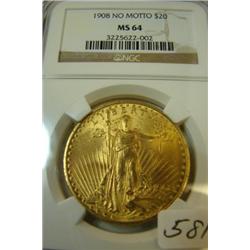 1908 No Motto $20 St. Gaudens Gold Coin NGC MS 64