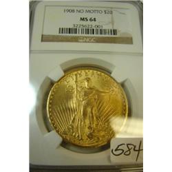 1908 No Motto $20 St. Gaudens Gold Coin NGC MS 64