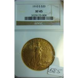 1910-S $20.00 St. Gaudens Gold Coin NGC XF  45