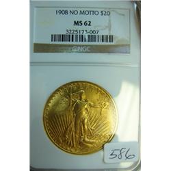 1908 No Motto $20.00 St. Gaudens Gold Coin NGC MS
