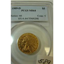 1909-D $5 Indian Head Gold Coin PCGS MS64