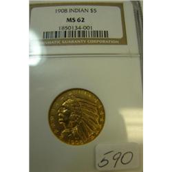 1908 $5.00 Indian head gold coin NGC MS62