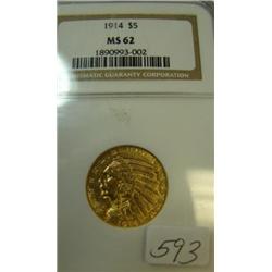 1914 $5.00 Indian head gold coin NGC MS62
