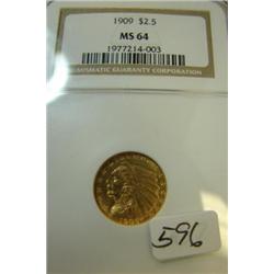1909 $2.50 Indian Head Gold Coin NGC MS64