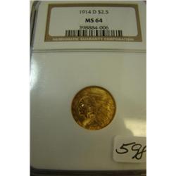 1914D $2.50 Indian Head Gold Coin NGC MS64