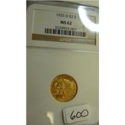 1925D $2.50 Indian Head Gold Coin NGC MS62