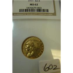 1911 $2.50 Indian Head Gold Coin NGC MS62