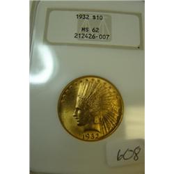 1932 $10.00 Liberty Head Gold Coin NGC MS62