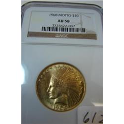1908 Motto $10.00 Indian Head Gold Coin NGC AU58
