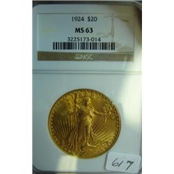1924 $20.00 St. Gaudens Gold Coin NGC MS 63