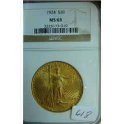 1924 $20.00 St. Gaudens Gold Coin NGC MS 63