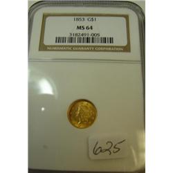 1853 Liberty Head $1.00 Gold Coin NGC MS64