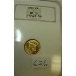 1874 Indian Princess $1.00 Gold Coin NGC MS62
