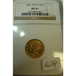 1861 Type 2 $2.50 Liberty Gold Coin NGC MS61