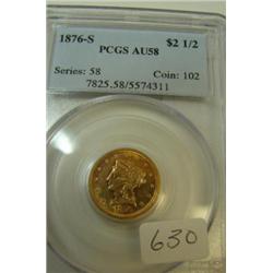 1876-S $2.50 Liberty Gold Coin PCGS AU 58