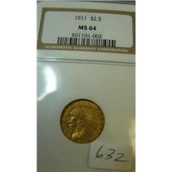1911 $2.50 Indian Head Gold Coin NGC MS64