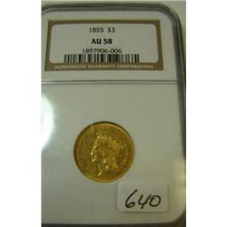 1855 $3.00 Indian Princess Gold Coin NGC AU58