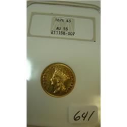 1874 $3.00 Indian Princess Gold Coin NGC AU55