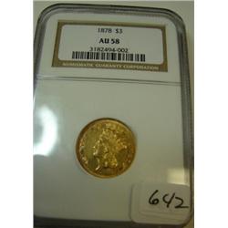 1878 $3.00 Indian Princess Gold Coin NGC AU 58