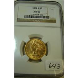 1882S $5.00 Liberty Gold Coin NGC MS63