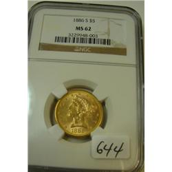 1886 $5.00 Liberty Gold Coin NGC MS62