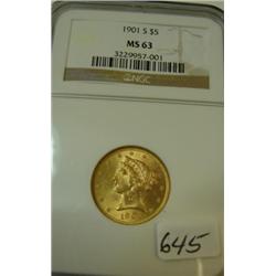 1901-S $5.00 Liberty Gold Coin NGC MS63