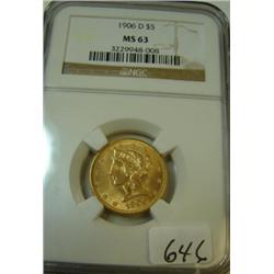 1906-D $5.00 Liberty Gold Coin NGC MS63