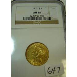 1907 $5.00 Liberty Gold Coin NGC AU 58