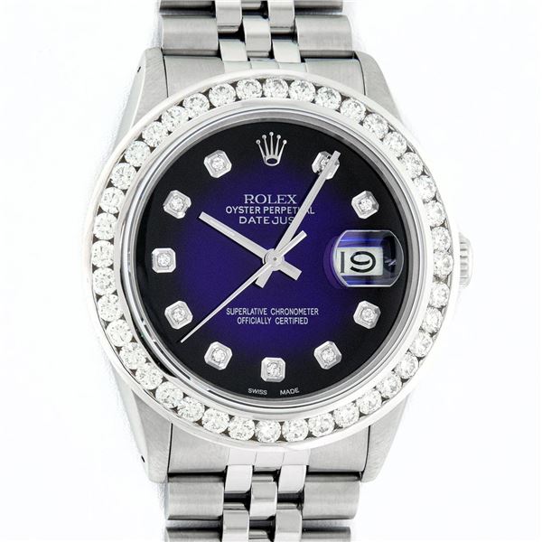 Rolex Mens Stainless Steel Blue Vignette 3 ctw Diamond Datejust Wristwatch