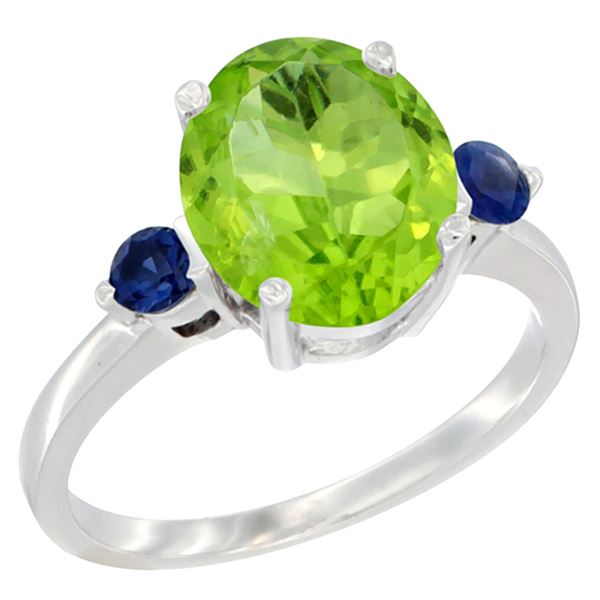 3.02 CTW Peridot & Blue Sapphire Ring 14K White Gold - REF-36A3X