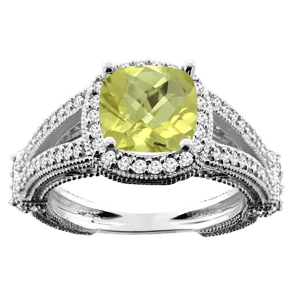 4.10 CTW Lemon Quartz & Diamond Ring 14K White Gold - REF-54N2Y