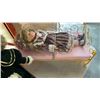 Image 2 : 3 PORCELAIN COLLECTOR DOLLS WITH SMALL BED AND TRAY OF TOYS INCLUDING HELICOPTER