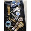 Image 2 : TRAY OF WATCHES, METAL HEART JEWELRY BOX WITH BROOCHES AND JEWELRY BOX WITH MIRROR
