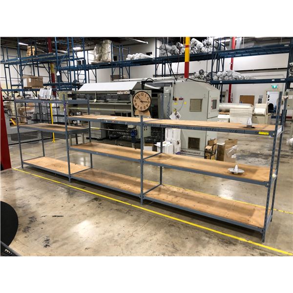 Large group of assorted sized shelving racks