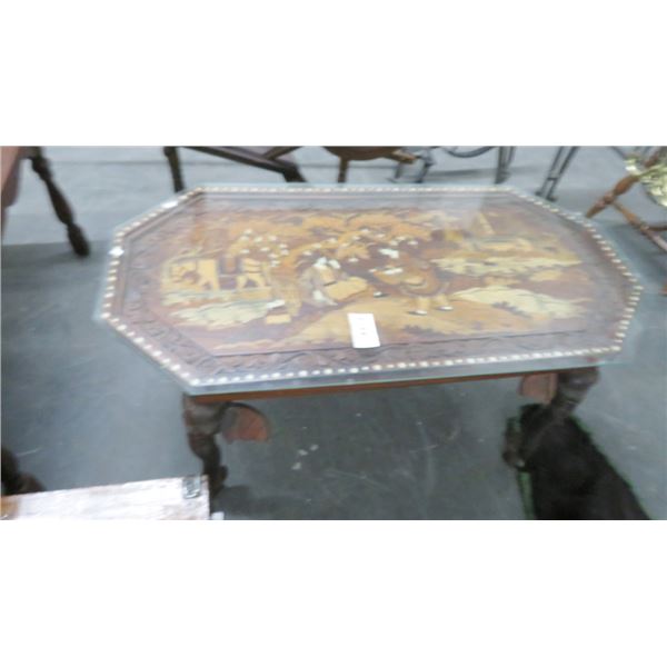 Hand Carved Asian Glasstop Mahogany Coffee Table