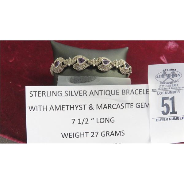 Sterling Silver Antique Bracelet w/Amethyst & Marcasite Gems