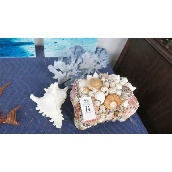 Lot of Seashell Chest, Conch Shell & Coral