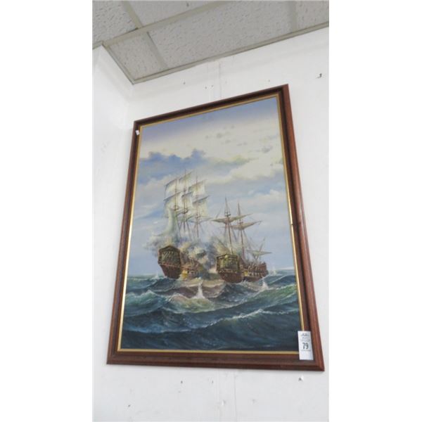 Framed Ship Battle Oil On Canvas - 39" x 27"