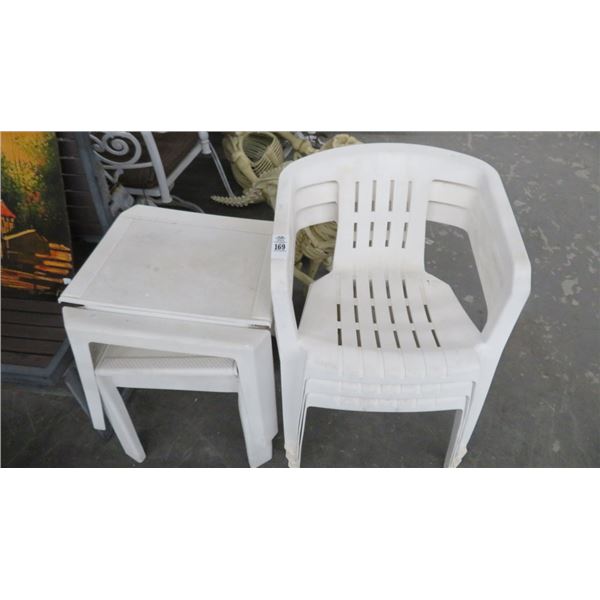 Plastic Patio Chairs (3) & Side Tables (2)