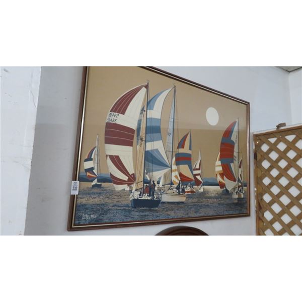 Framed Oil On Canvas Sailboat Scene Signed Letterman - 62" x 42"