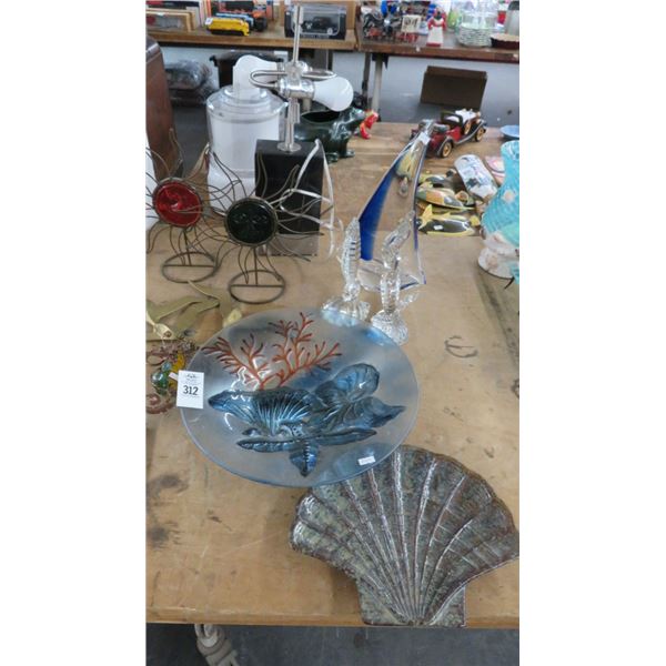 Artglass Sailboat, Mermaids, Bowl & Platter