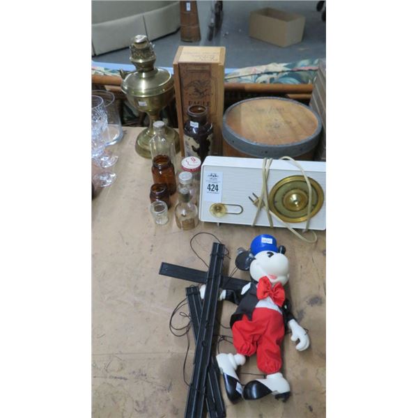 Mickey Mouse Puppet, Vintage Radio & Old Bottles